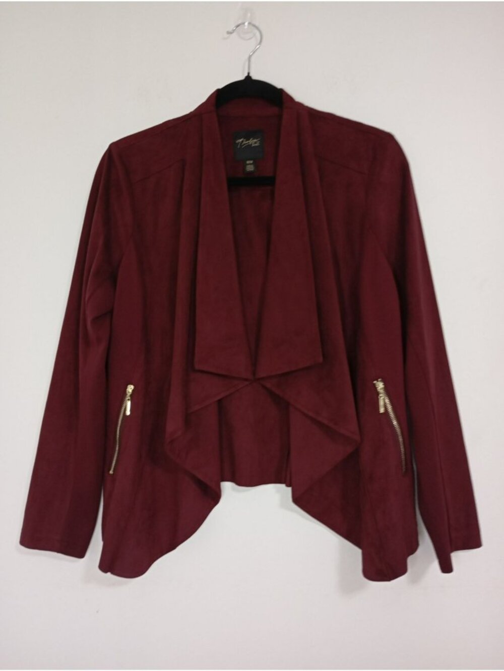 Thalia Sodi Faux Suede Waterfall Cardigan Jacket With Zipper Accents Maroon M